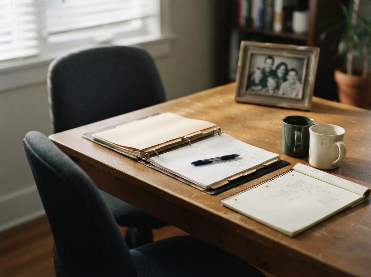 A weekday table at human scale, straight-on and slightly above: an open binder with tabbed dividers and a pen laid across